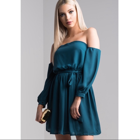 Teal Flowy Off The Shoulders Sleeved Dress - Picture 7 of 10